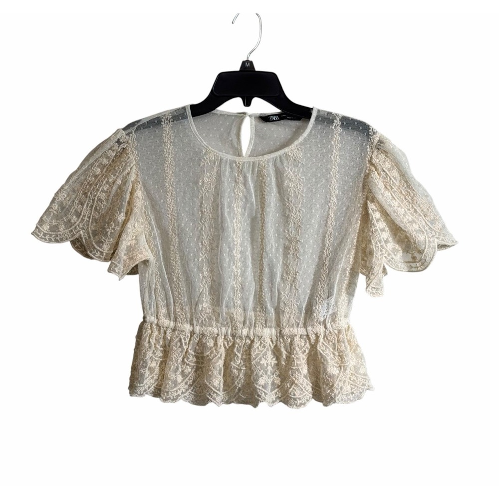 Zara Blouse Sz Med Sheer Lace Ivory Peplum Swiss Dot Flutter Sleeve Victorian